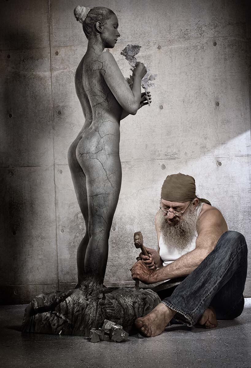 Fotograf-Fotostudio-Dresden-Bildhauer-Projekt-Skulptur-Stein-Hammer-Meißel-Statue